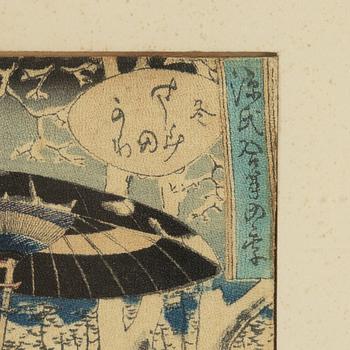 Utagawa School, a set of three woodblock print triptychs, later part of the 19th Century.