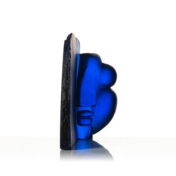 Ann Wolff, a blue cast glass 'Head Series P4' sculpture, own studio, Sweden 1995.