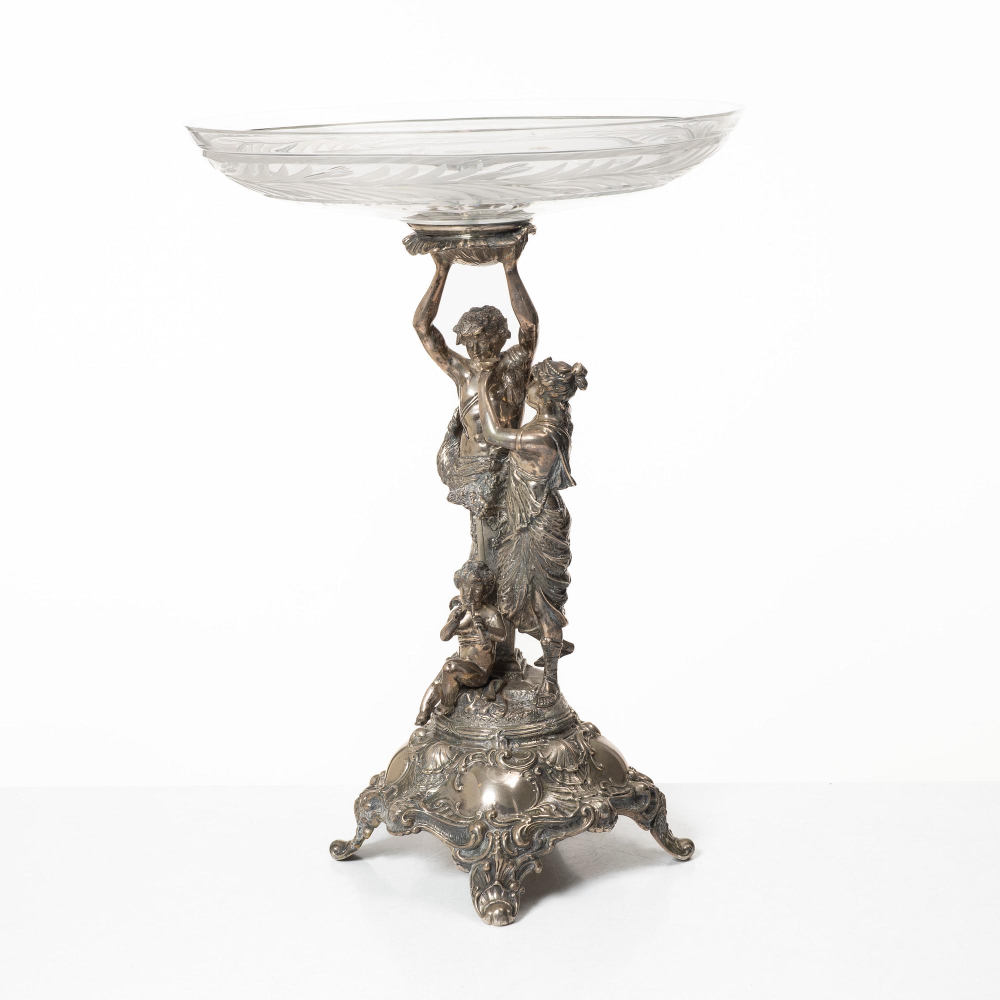 A silver and glass Rococo style centerpiece, Lale Silverware & Co Ltd, Istanbul, Turkey, 20th century.