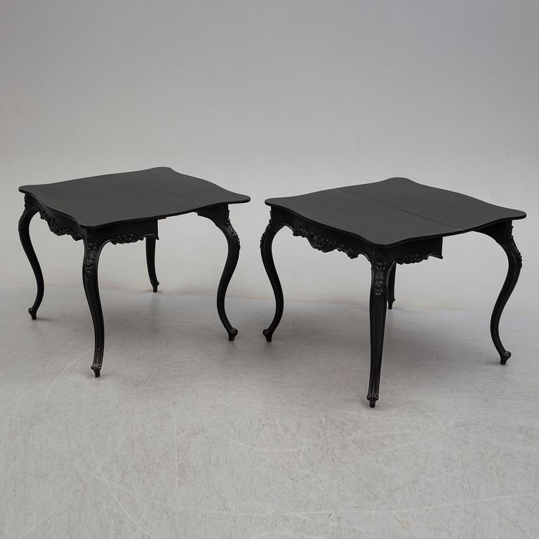 A pair of end of the 19th century new rococo style painted card tables.