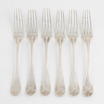 Forks, 6 pcs, silver, Gustaf Theodor Folcker (1835-1877), Stockholm 1844-1845.