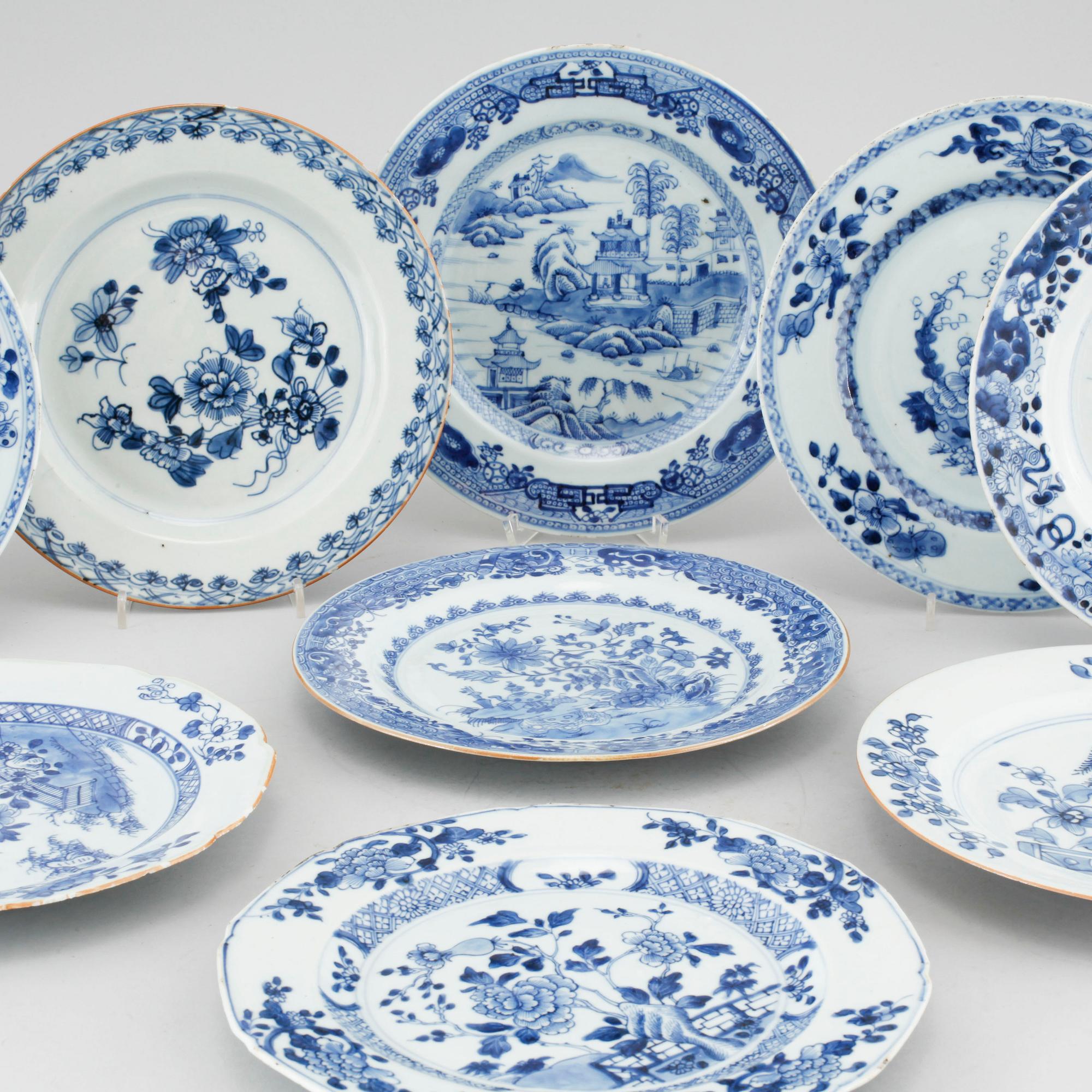 Nine blue and white dinner plates, Qianlong (1736-95).