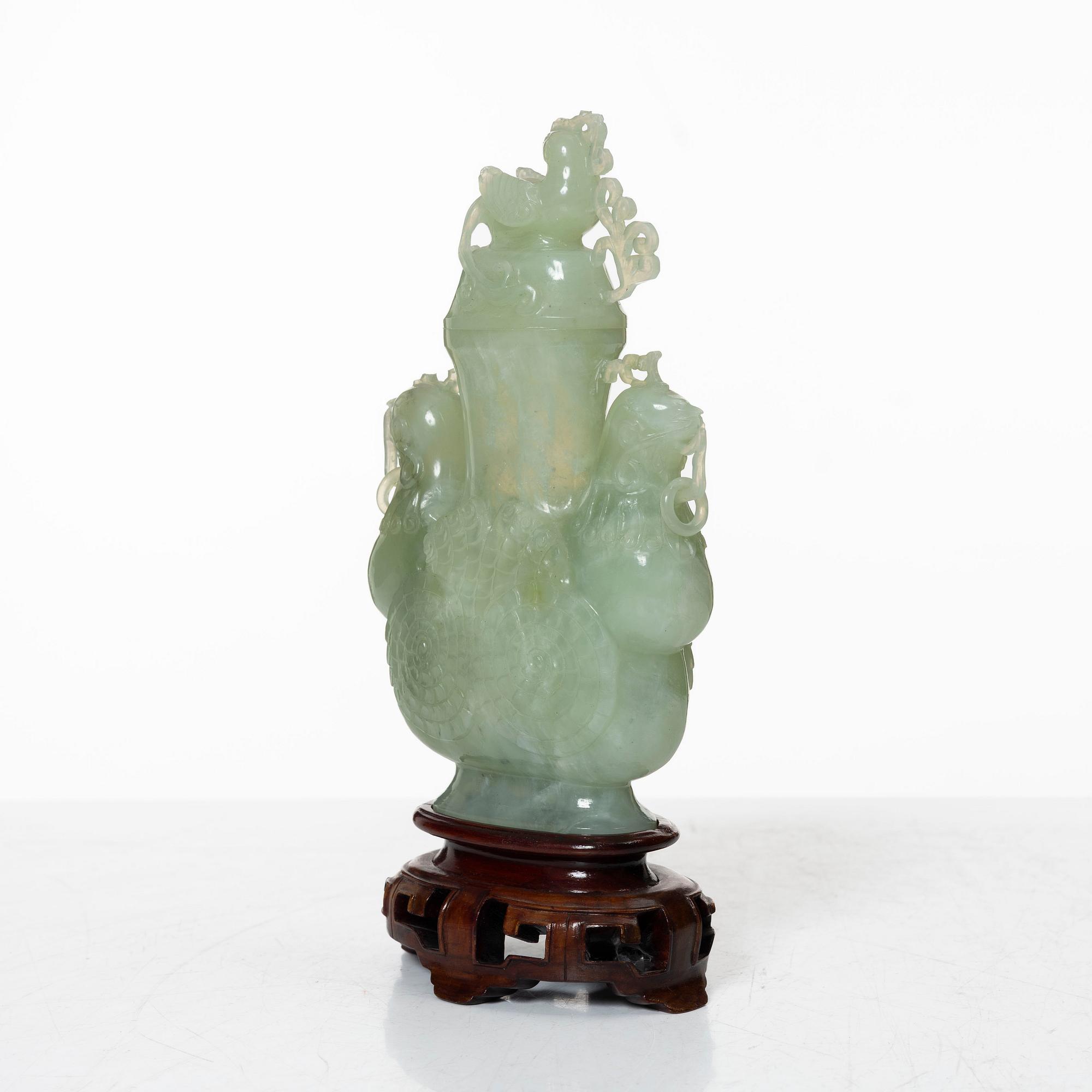 A Chinese urn with cover / censer, green stone, 20th century.