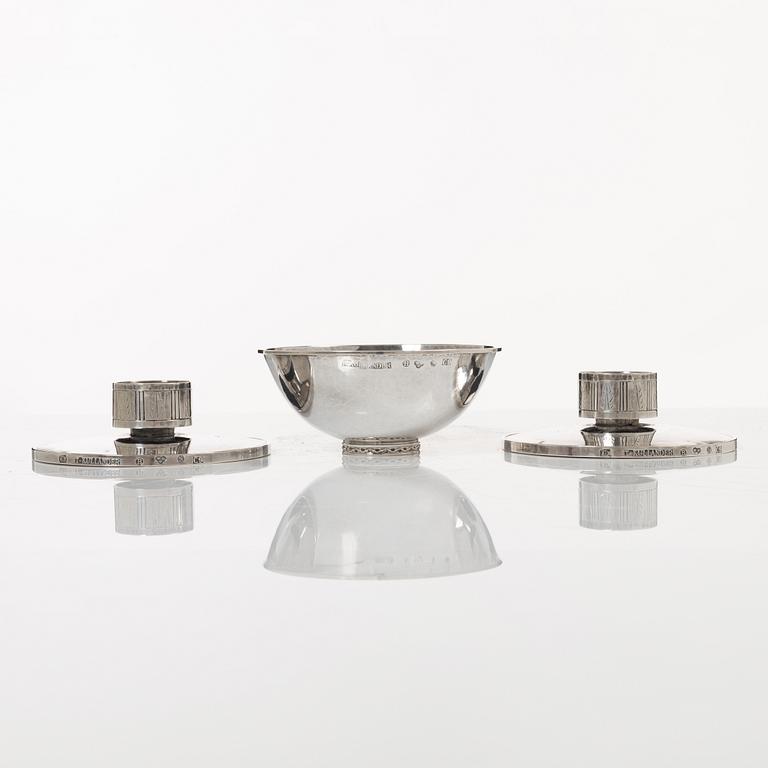 Tore Kullander, skål och ljusstakar, ett par, silver, Borås 1953.