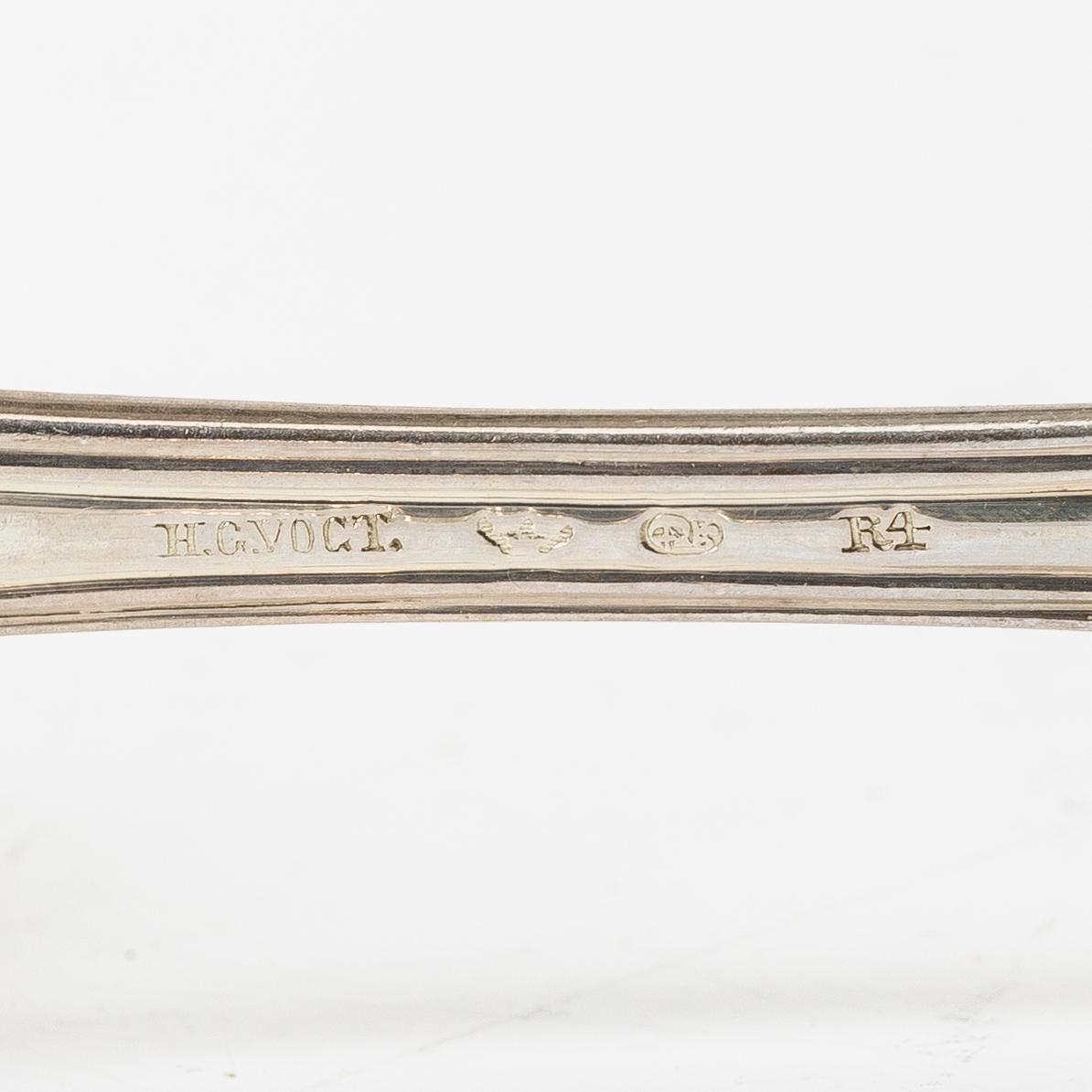 HG Vogt, bordsskedar, 6 st, silver, modell Olga, Stockholm 1847.