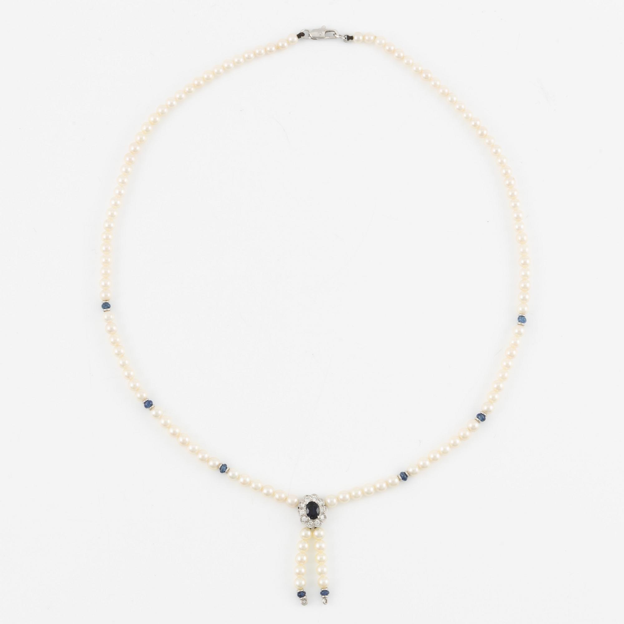 Necklace, 18K white gold with cultured pearls, sapphires, and brilliant-cut diamonds.