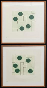 PETER HAHNE, two signed and numbered colour etchings.