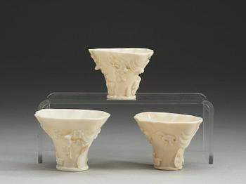 A set of three blanc de chine libation cups, Qing dynasty.