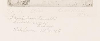 Kaarlo Hildén, etsning, signerad och daterad 1928, märkt T.p.l'a. Dedikation.
