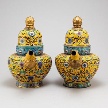 A pair of large cloisonne tea pots with covers, China, second half of the 20th Century.