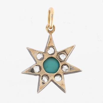 Pendant in silver and gold with a turquoise and rose-cut diamonds.