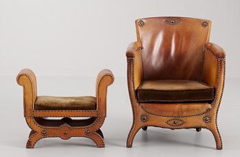 An Otto Schulz brown leather and fabric Easy Chair with Ottoman by Boet, Gothenburg 1930's.