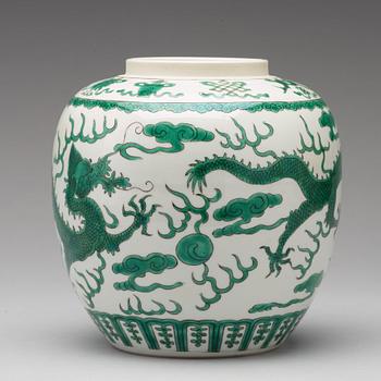 A green enamelled dragon jar, China, circa 1900.