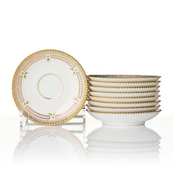 A set of nine Royal Copenhagen 'Flora Danica' cups with saucers, Denmark, 20th century.
