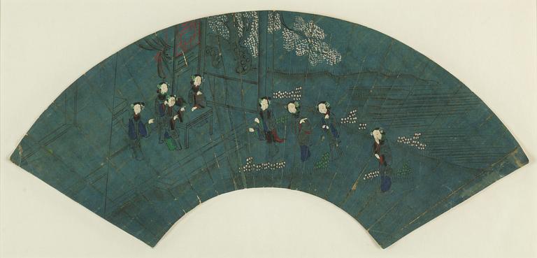 A Chinese fan shaped painting, ink and colour on paper, early 20th century.