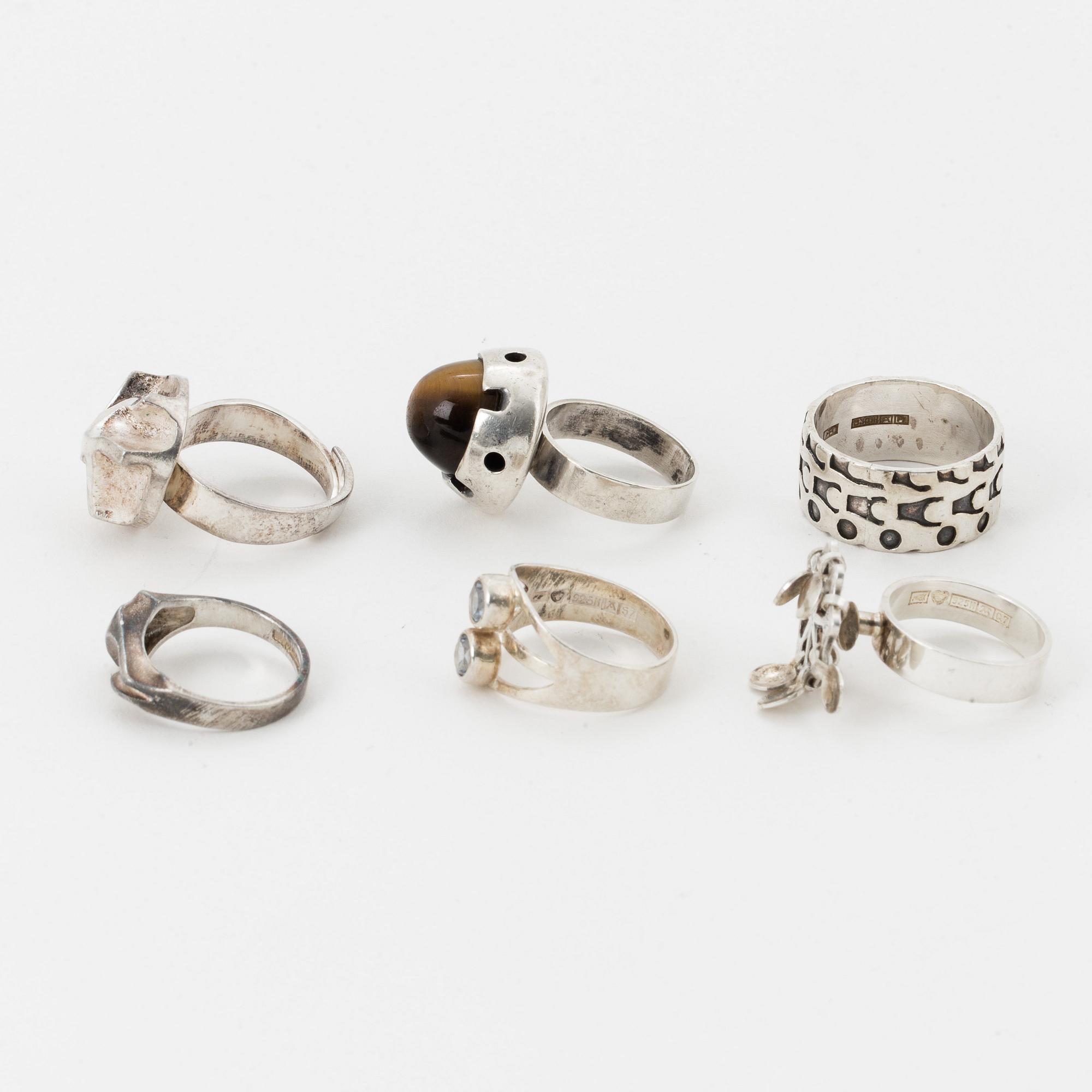 Six silver rings, Finnish marks, one Lapponia.