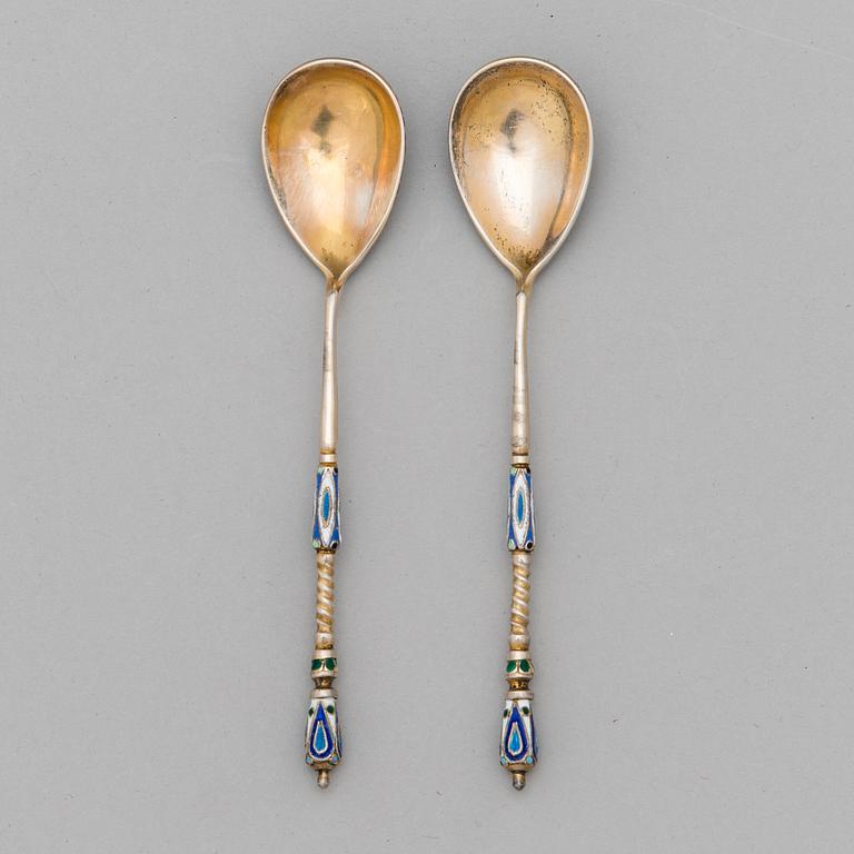 A pair of silver-gilt, cloisonné enamelled teaspoons, Moscow mid-19th Century. Assay master mark of Andrey A. Kovalsky.