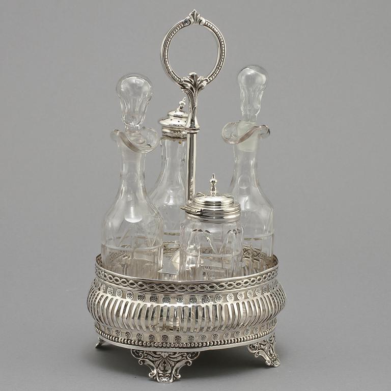 BORDSSURTOUT, nysilver och glas, omkring 1900.