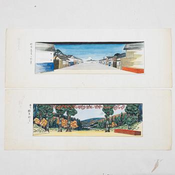 Oidentifierad konstnär, 'Bygata med berg i horisonten' samt 'Träd i höstlandskap'.