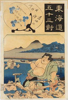 Utagawa Kunisada, "the wrestler Koyonagi" ur serien "The 53 stations of the Tōkaidō in pairs".