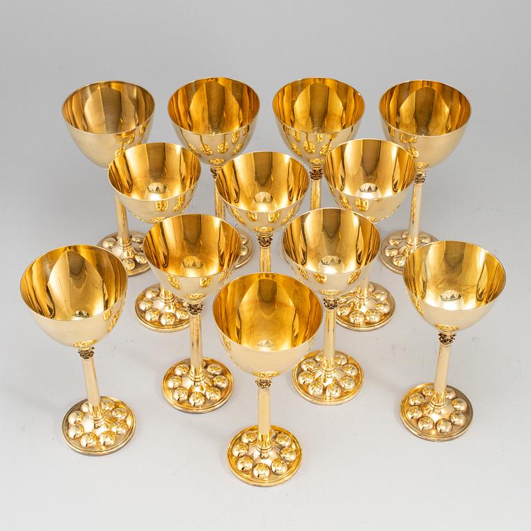 A set of twelve (6+6) goblets, gilt metal, Miguel Berrocal, Spain 20th century.