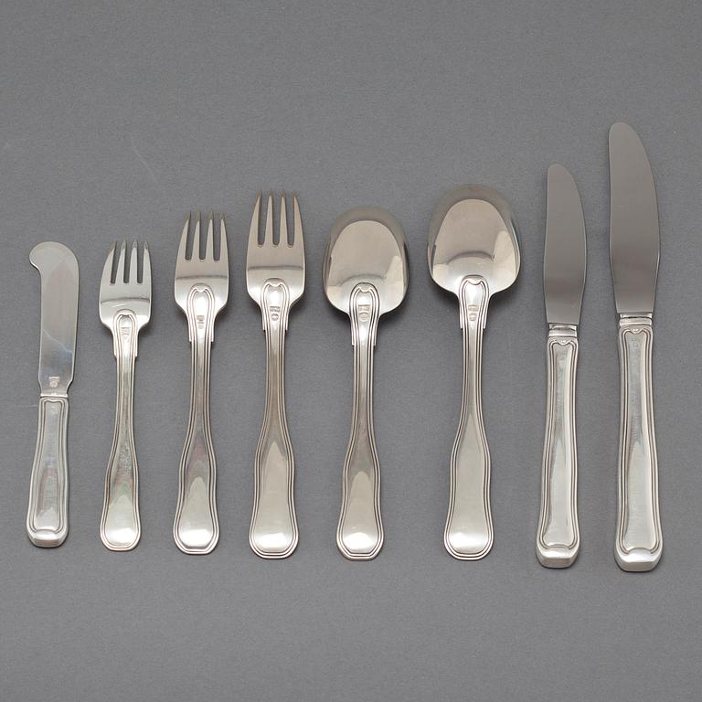 A silver set of table ware of 69 pcs by Georg Jensen, Denmark, from the latter half of the 20th century.