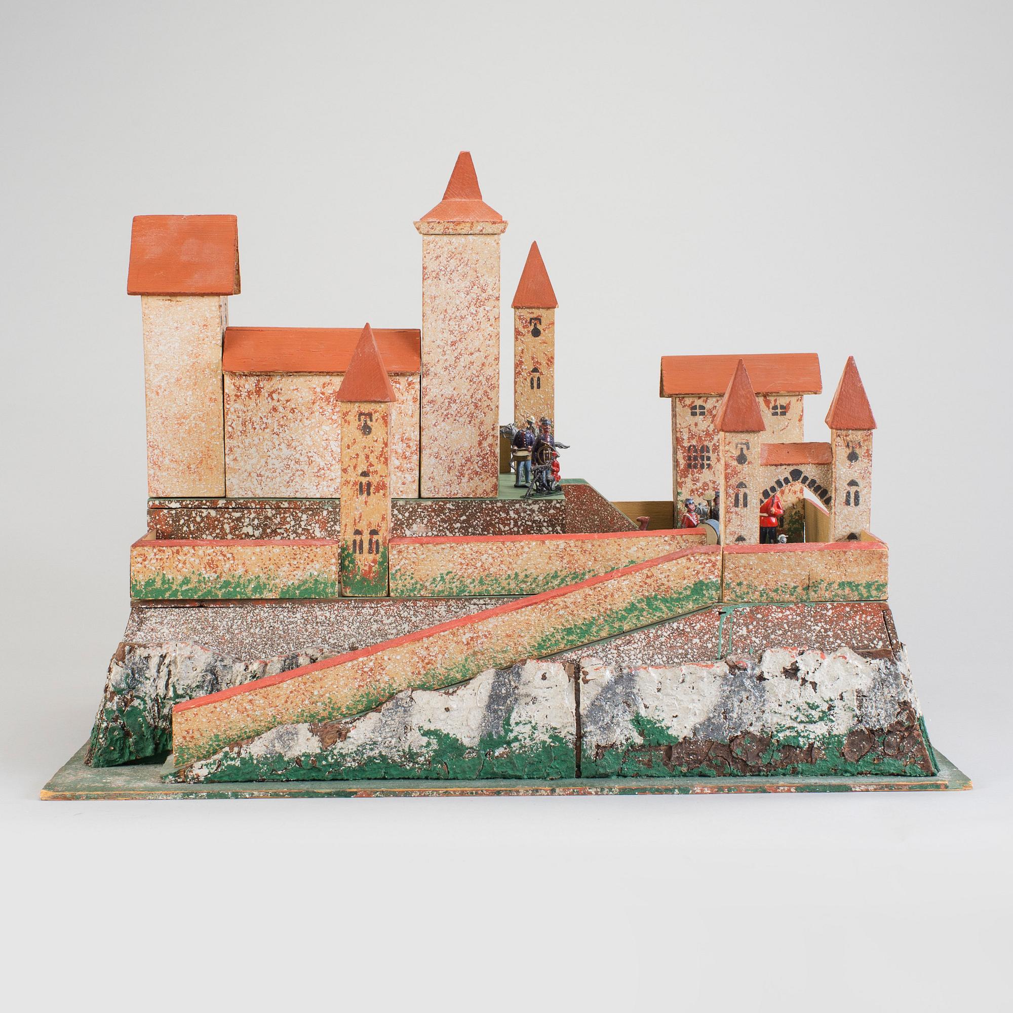 A painted wood model of a castle, possibly Moritz Gottschalk