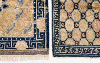 Two antique Ningxia meditation rugs, Qing dynasty, 19th century. c. 67 x 72 and 71 x 73 cm.