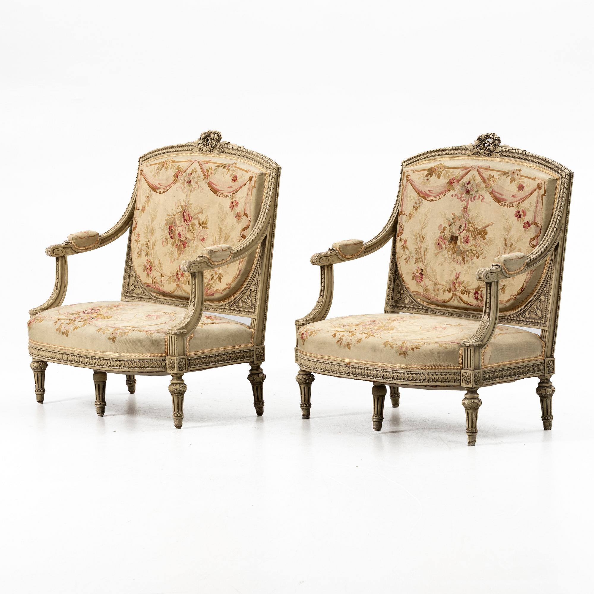 Sofas, a pair, Louis XVI style, first half of the 20th century.