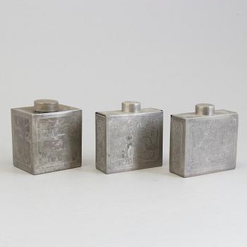 Three Chinese teacaddies in tin, Qing dynasty, 19th century.