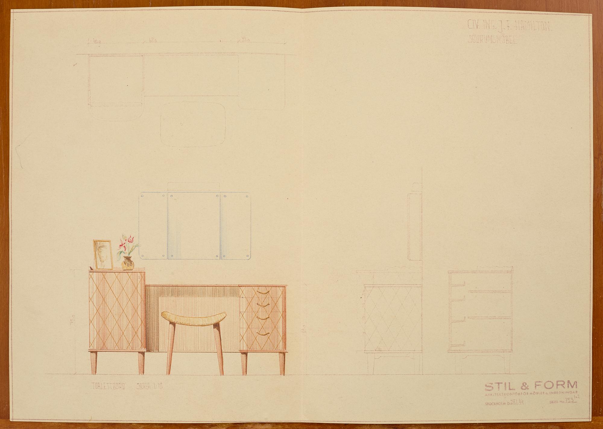 A dressing table with stool and mirror, Stil & Form Arkitektkontor för Möbler o. Inredningar, Stockholm, 1944.