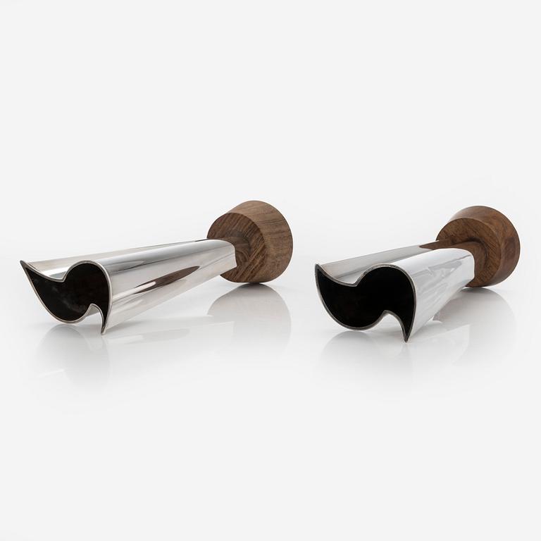 Tapio Wirkkala, two silver and teak 'Flame' vases, Kultakeskus, Hämeenlinna 1962 and 1964.