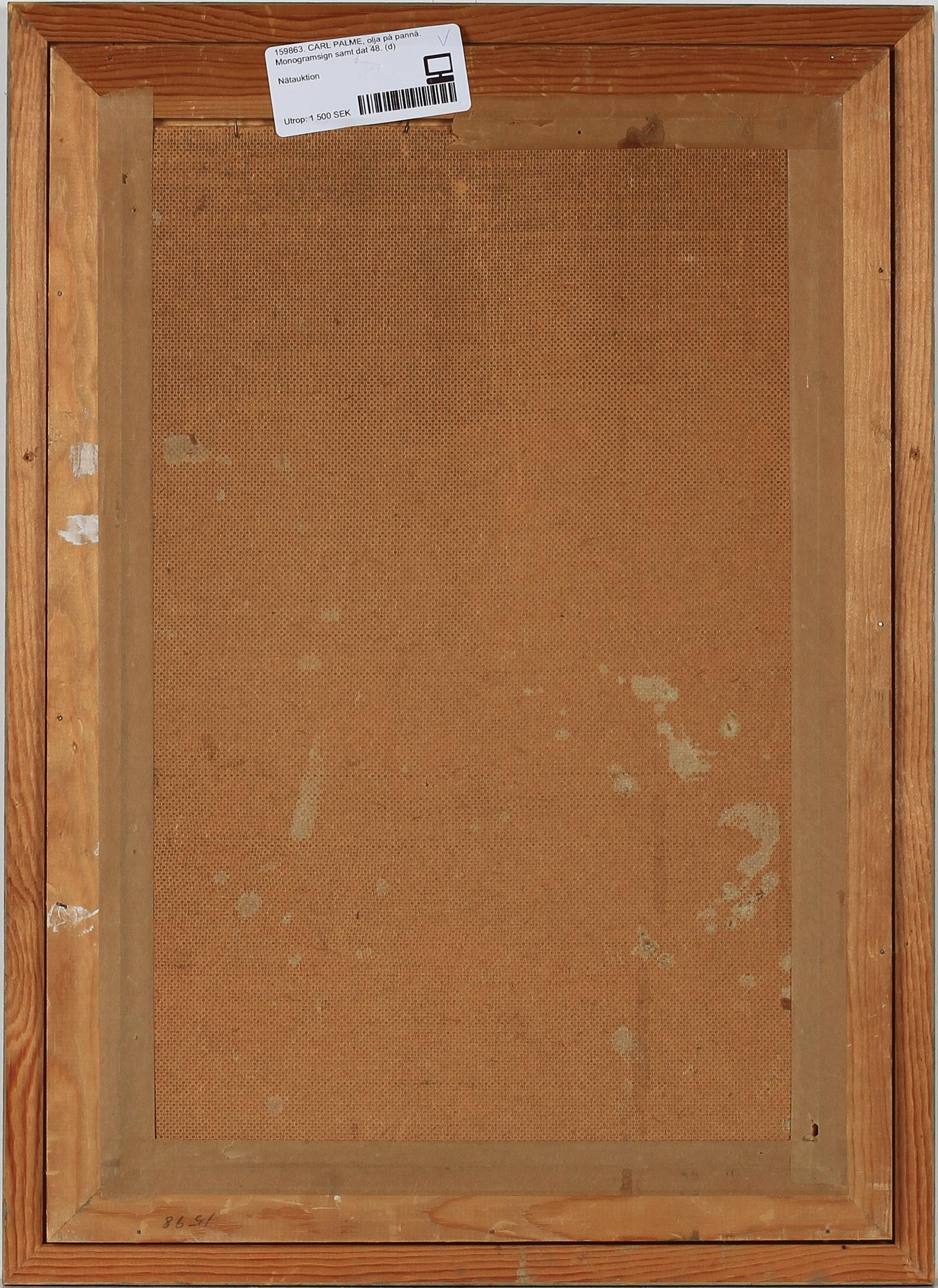 CARL PALME, olja på pannå. Monogramsign samt dat 48.