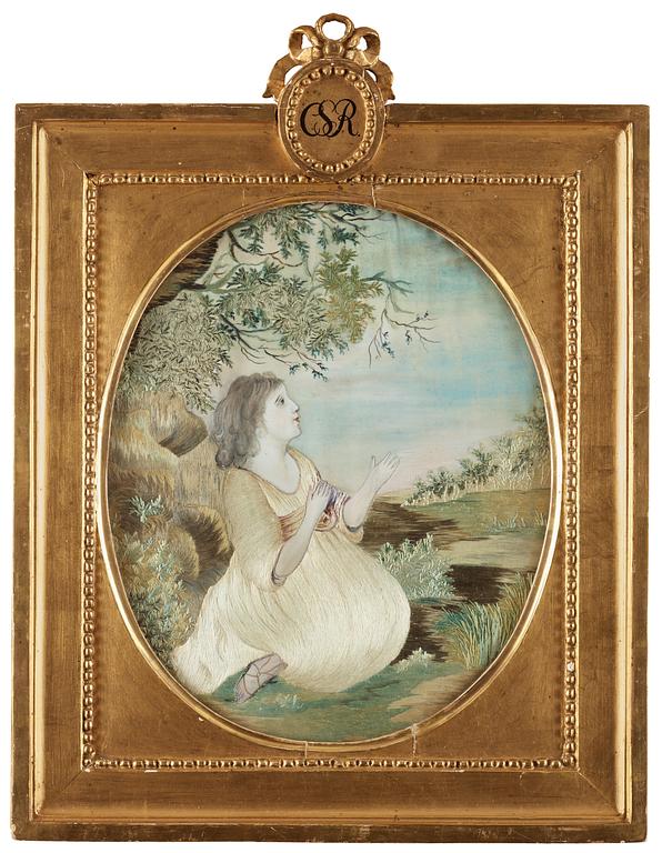 BRODERAD TAVLA. Sverige omkring 1800. Oval, 27 x 22,5 cm, rektangulär förgylld originalram med medaljongkrön och pärlstav 41,5 x 31,5 cm.