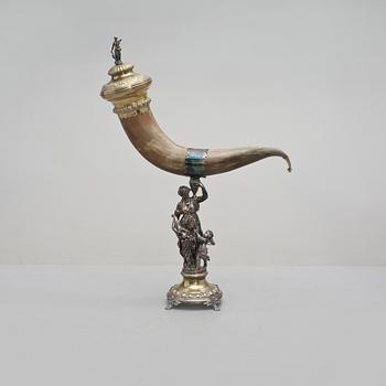 DRYCKESHORN, horn och nysilver, omkring sekelskiftet 1900.