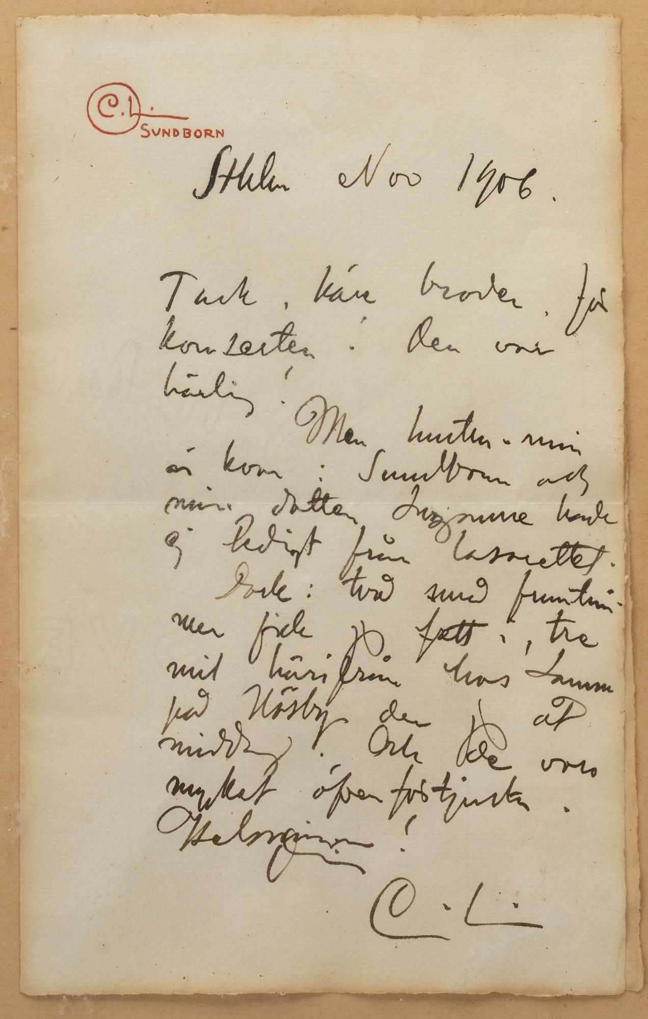 Carl Larsson, Handwritten letter of thanks, 1906.