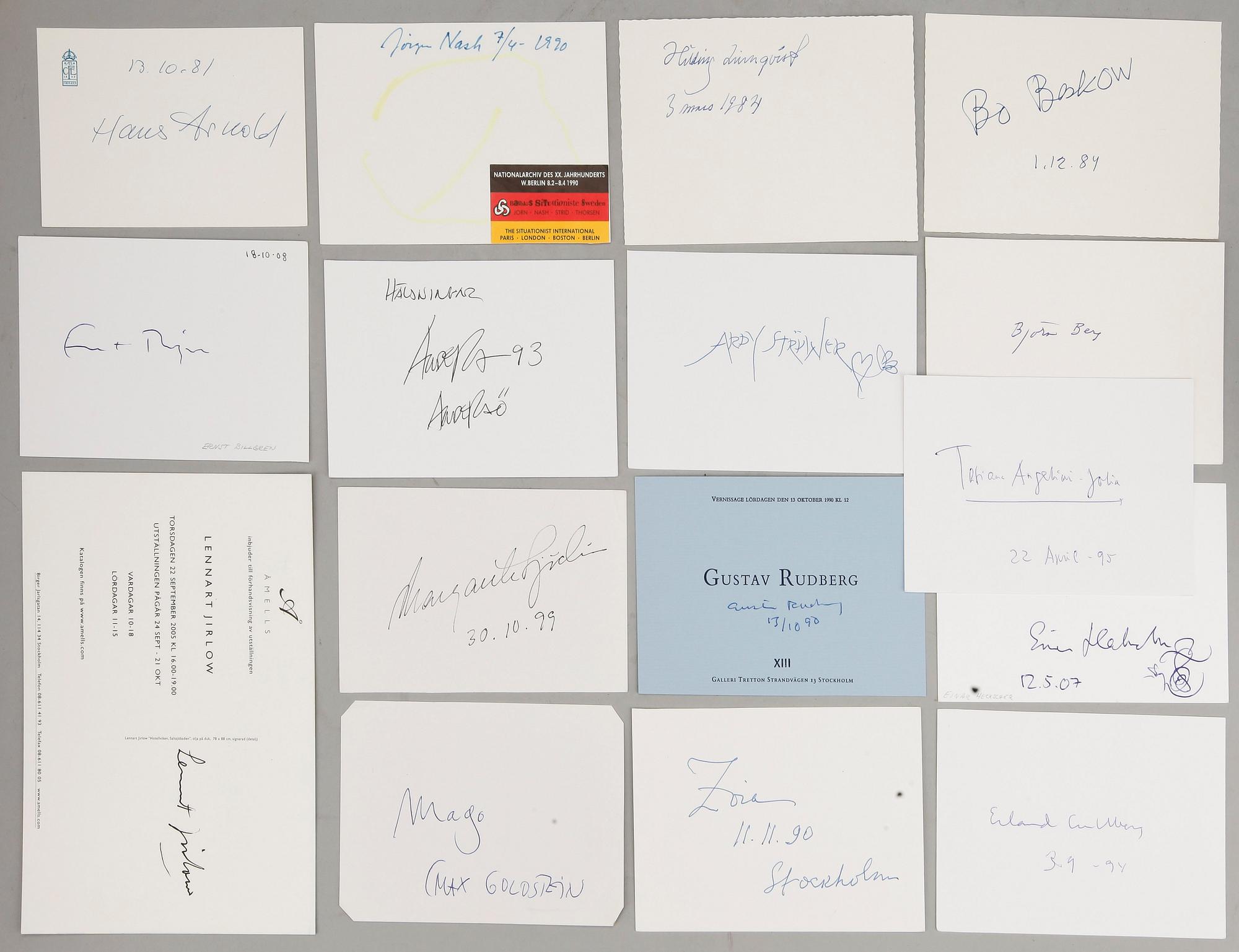 PARTI KONSTNÄRSAUTOGRAFER, 16 st, bla Ernst Billgren, egenhändigt sign.
