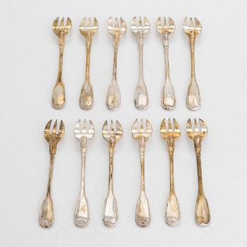 A set of twelve silver oyster forks, mark of A. Bourdon De Bruyne, purveyor of the Royal Court, Gent, late 19th century.