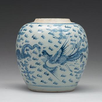 A blue and white phoenix and dragon jar, Qing dynasty, 18th Century.