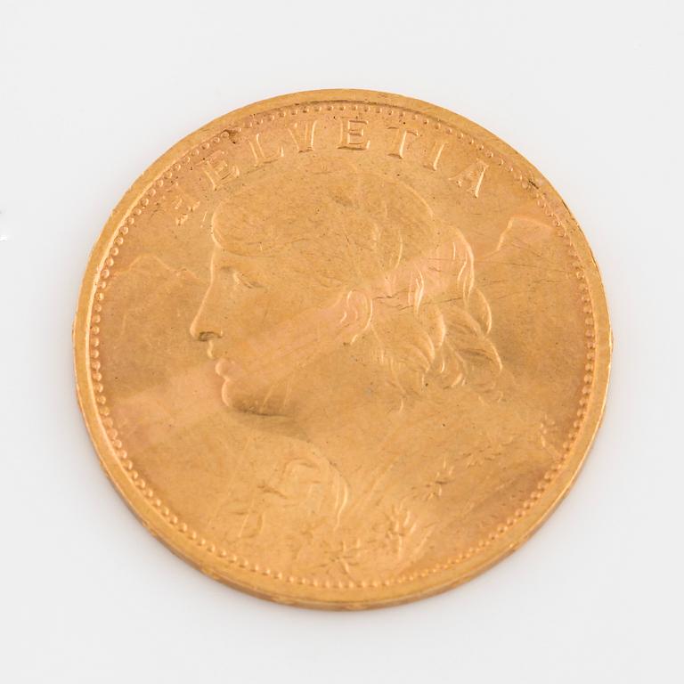 A 20 franc gold coin, Helvetia, 1922.