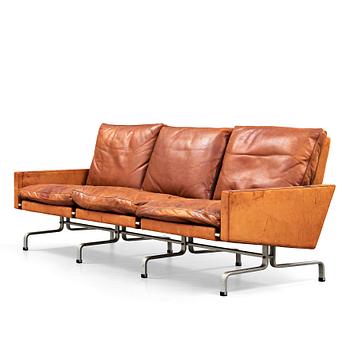 43. Poul Kjaerholm, a 'PK-31-3' three seated steel and brown leather sofa, E Kold Christensen, Denmark 1960's.