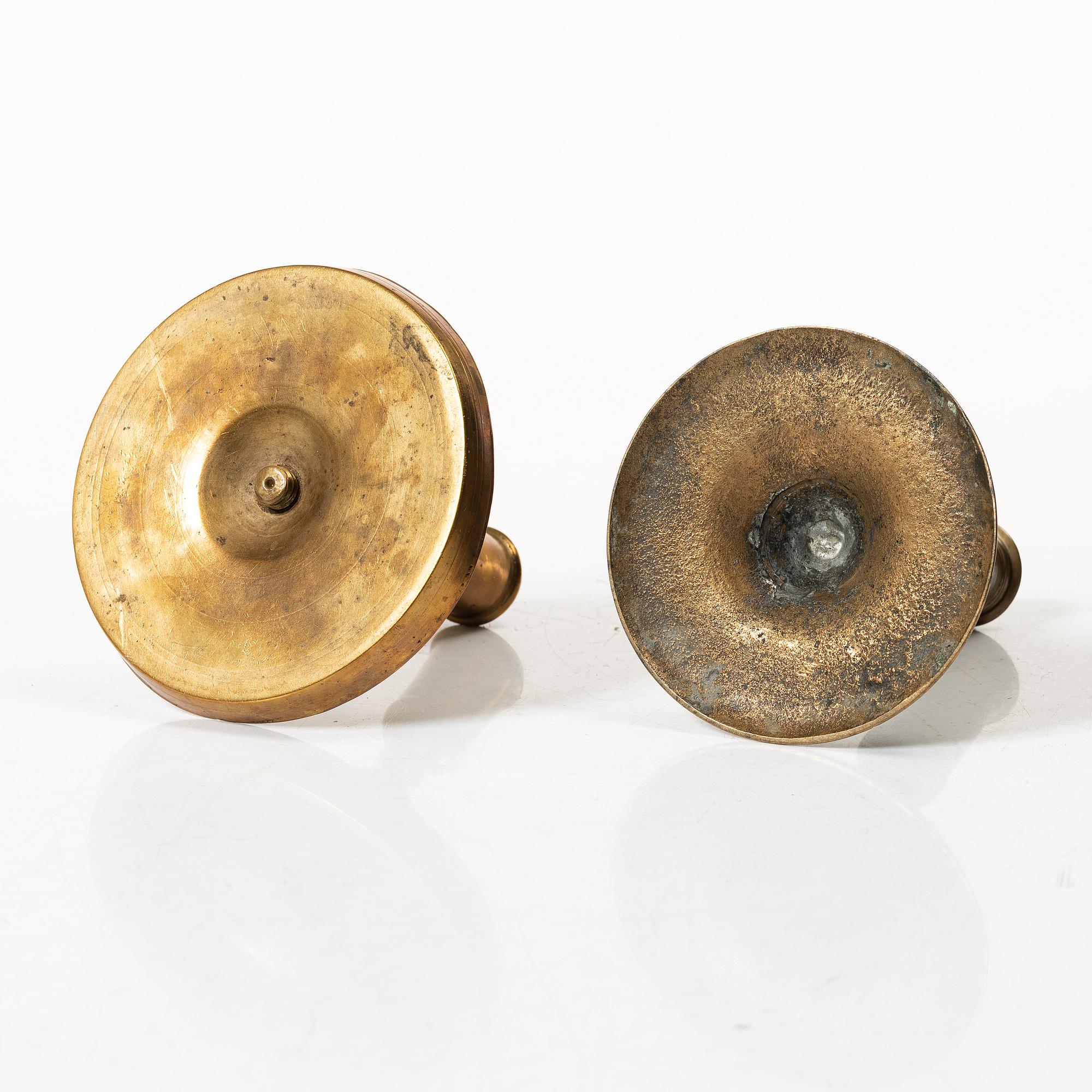 Candelabra, 4 pcs, and a chamberstick for two candles, brass, 19th century.