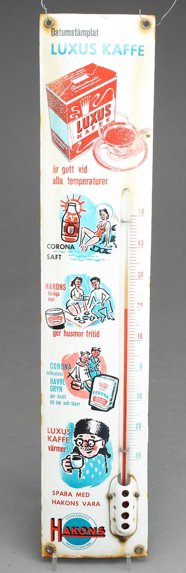 EMALJSKYLT med TERMOMETER, "Luxus Kaffe", 1950/60-tal.
