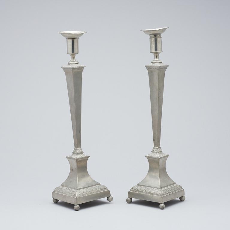 A pair of late Gustavian pewter candlesticks by M. Artedius, Norrköping 1802.
