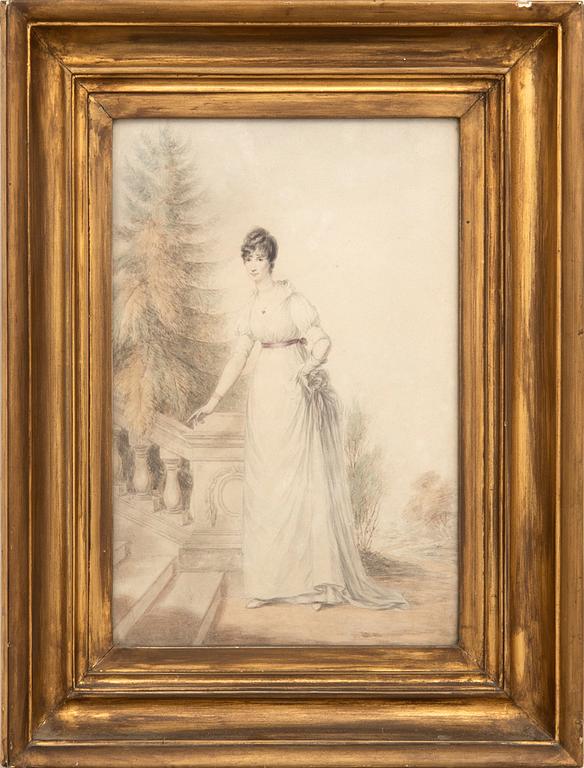 Unknown artist 19th century, Young woman by a staircase.