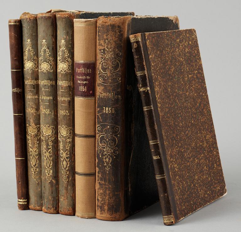 INBUNDEN TIDSKRIFT, 7 vol, "Portföljen...Skillings-Magasin för nytta och nöje", 1849-58.