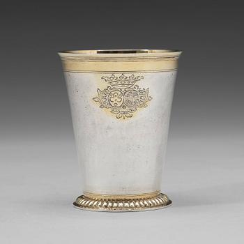 A Baltic 18th century parcel-gilt beaker, mark of Johann Heinrich Tenten, Mitau (1732-1739).