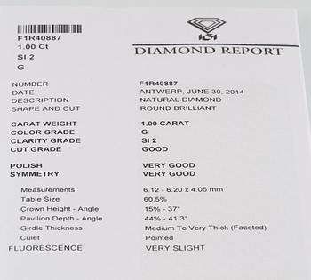 RING, 18K vitguld med briljantslipad diamant 1.00 ct, Milano, Italien. Vikt 3,5 gram.
