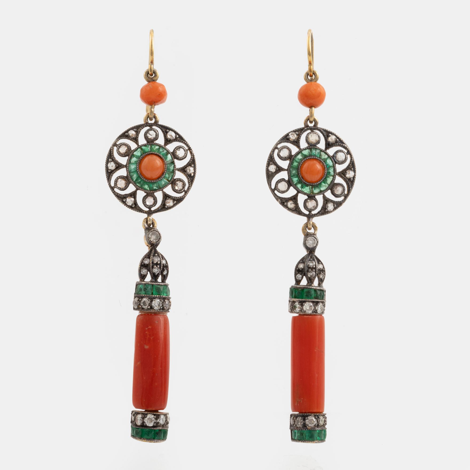 Coral, emerald and rose cut and brilliant cut diamond earrings.