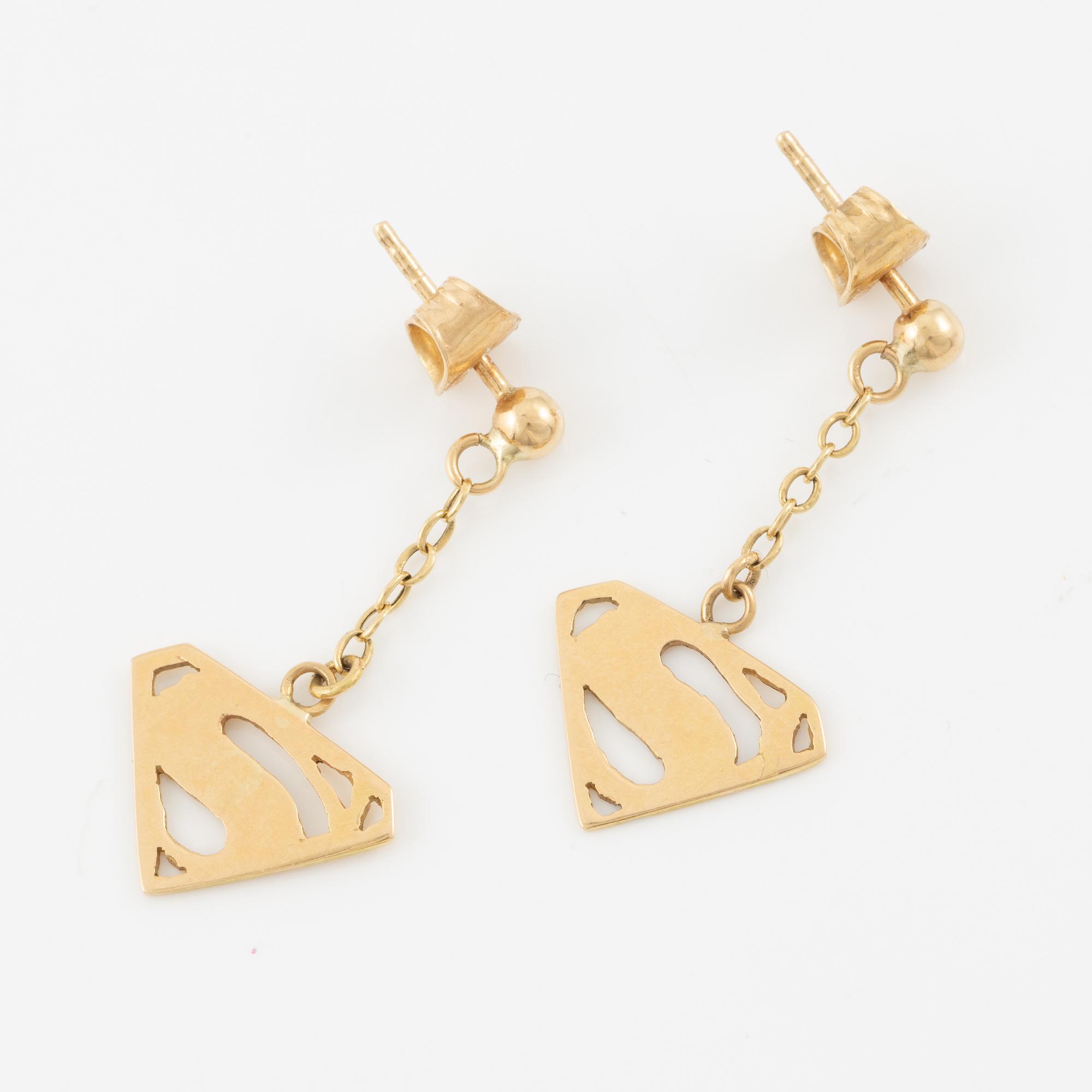 Pendant with chain and a pair of earrings, 18K gold, in the form of Superman/Superwoman logo.
